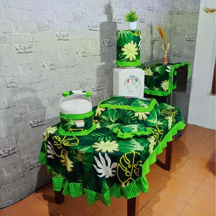 DK COD Paket Kitchen Set 8 Pcs Taplak Meja Makan Oval Sarung Cover Galon Kulkas Magicom Mejikom Tudu