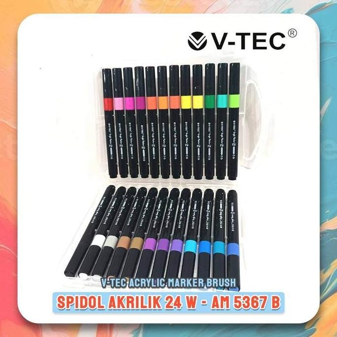 

V-Tec Acrylic Marker Brush 24 Warna Am 5367 B / 24 Colour - Cocok Untuk Berbagai Macam Permukaan - Vtec Spidol Akrilik / Spidol 24 Colours V Tec Brush Pen New Stok