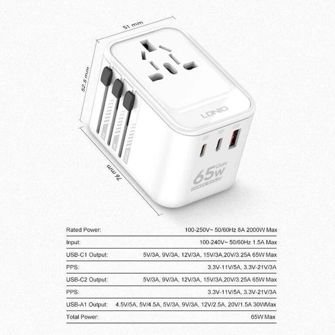 LDNIO Travel Converter Universal Adapter Plug Universal GaN Technology Fast Charging