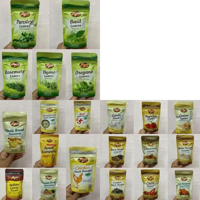 

JAY'S PARSLEY / BASIL / ROSEMARY LEAVES / THYME / OREGANO| GARLIC BREAD / MUSHROOM POWDER / BEEF STOCK / AYAM KAMPUNG / CHICKEN / ITALIAN HERB / INDIAN CURRY| JAYS GARLIC / PAPRIKA /ONION /WHITE BLACK PEPPER / CINNAMON/ CHILI FLAKES /ALL POSE SEASONING