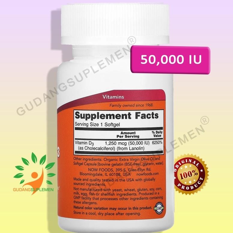 Now Max Potency Vitamin D3 50,000 IU 50 Softgels  D3 50000 Imunitas Dan Meningkatkan Peluang Hamil