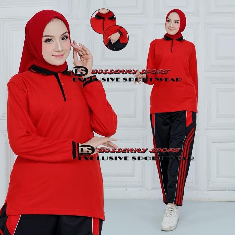Set Trening Olahraga wanita Lengan panjang//Setelan kaos Lacos polo lengan panjang