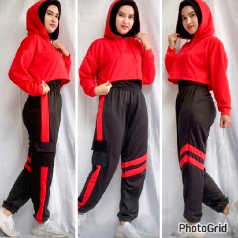 Setelan Cargo Sport Crop Jacket Hoodie Untuk Senam Gym Fitness Zumba wanita