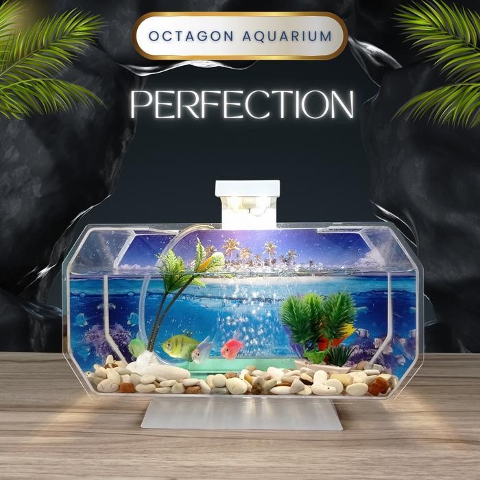 Aquarium Mini Akrilik Fullset Lengkap Dengan Mesin Aerator,Lampu Dan Hiasan Aquarium Original Dan Te