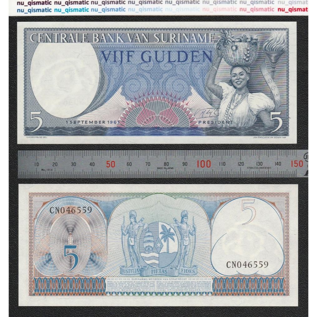 Uang Suriname 5 Gulden tahun 1963, UNC Baru Super Gress P# 120 DiM