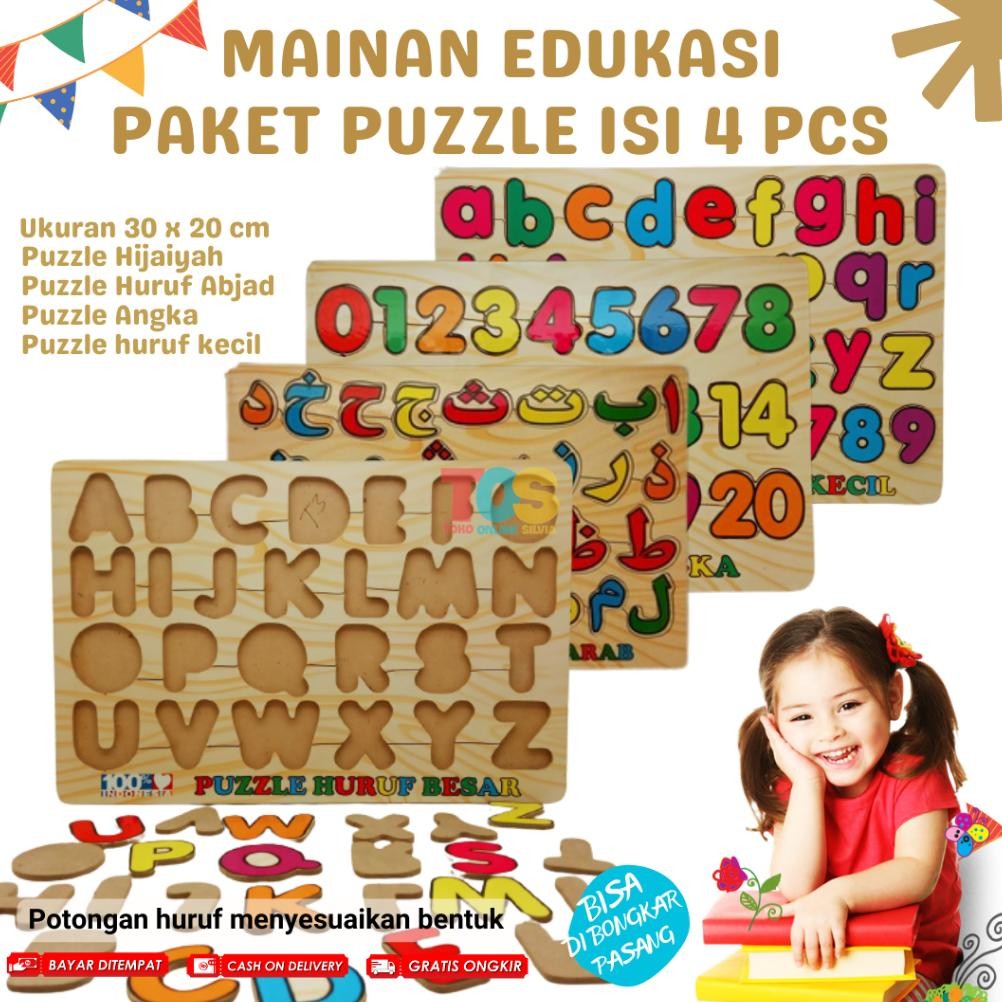 Paket 4 Puzzel Mainan Anak Puzzle Kayu Angka Hijaiyah Huruf Hewan Edukasi DiM