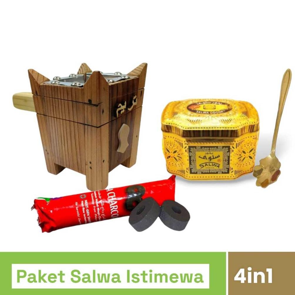 PAKET 4in1 BUKHUR SALWA ODOUR MABKHARA KAYU Mini ARANG MAGIC BUHUR SALWA KALENG EMAS ARANG HITAM MUR