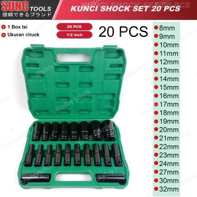 Mata Socket Impact Cordless Panjang Set 20Pcs Drive 1/2" Kunci Sok Set