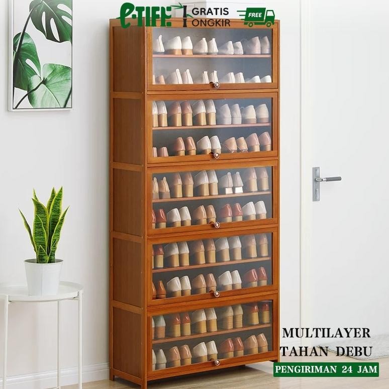 E-TlFE Lemari Sepatu Tertutup Rak Sepatu Multi Lapis Lemari Sepatu Kayu Sederhana Pintu Transparan R