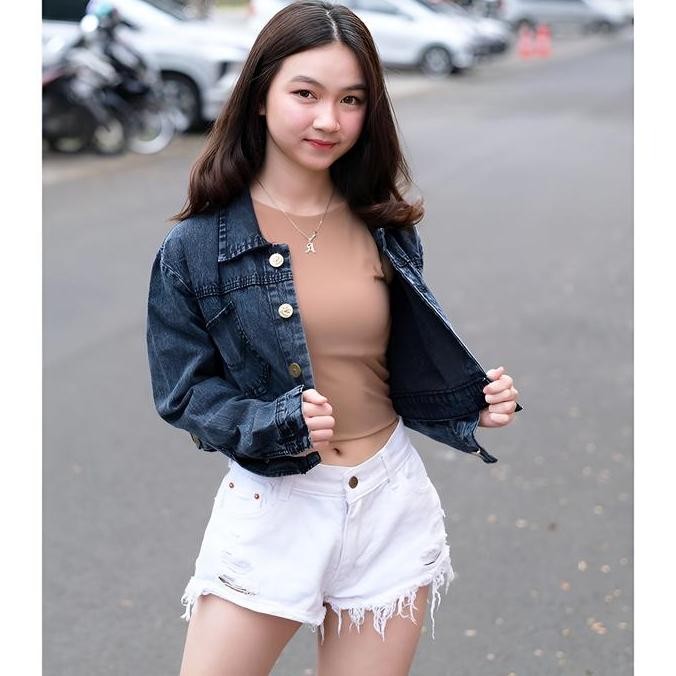 JAKET JEANS CROP EMALIA DENIM PREMIUM UKURAN L-XXL / ATASAN / BLOUSE / BLAZER / WANITA / DEWASA / DI