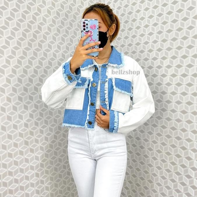 Calia Jaket Jeans Crop Wanita Rawis Putih Biru Premium