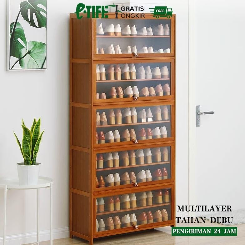 E-TlFE Lemari Sepatu Tertutup Rak Sepatu Multi Lapis Lemari Sepatu Kayu Sederhana Pintu Transparan R
