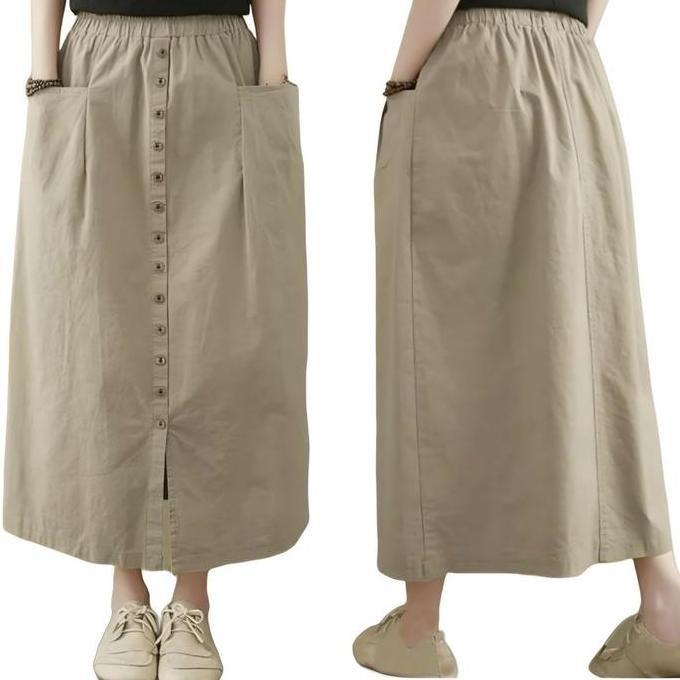 Skirt Premium Linen Wanita Jumbo | Nada Skirt | Rok Wanita Murah Polos Karet | Skirt Korea | Panjang