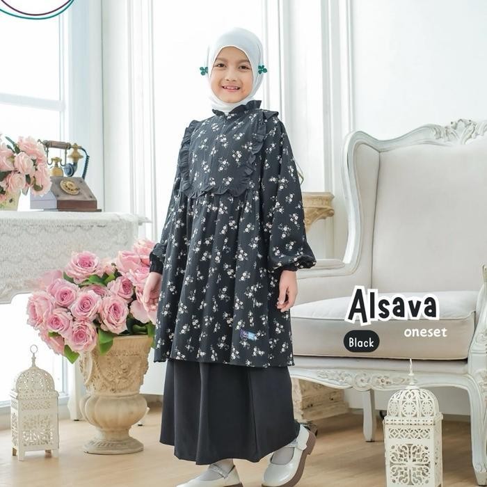 DWF MANASIKANA Alsava OneSet Tunik Rok Setelan Anak Perempuan Motif bunga 5th-Remaja