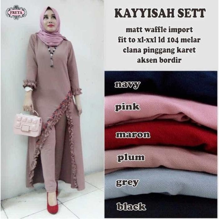 DWF kayyisah set / setelan tunik n celana wafle / setelan long top muslim