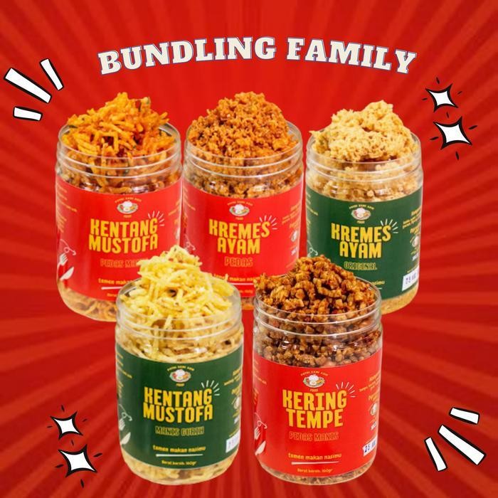 

SEDIA! PAKET FAMILY kremes ayam original dan pedas 180gr/kentang mustofa pedas manis dan manis gurih 180gr/kering orek tempe pedas manis 250gr kentang snack keripik Chips Food Merah Snacks Cemilan Ori!!