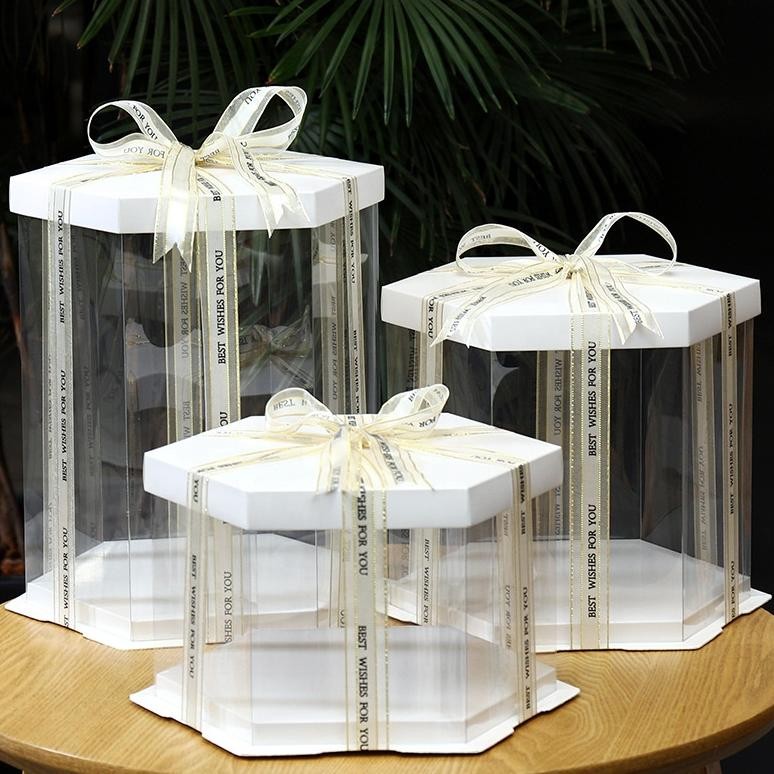 

Gc27 Cake Box / Kotak Kue / Giftbox Hexagon / Segi Enam 25 Cm Transparan Mika Bening Elegan Mewah Kokoh Putih / Hitam / Biru