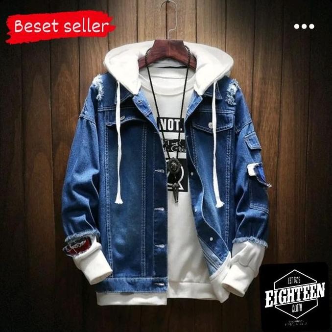 Jaket Jeans Pria Kupluk Hiphop Denim  Distro Cowok Keren Panjang Lengan  Casual Biru