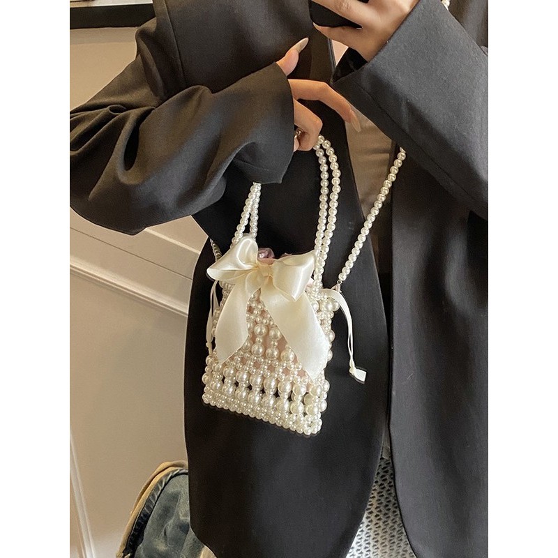 Tas Mini Mutiara Gaya Chanel Mewah Aksesori Jalan-Jalan Anak Tas Kecil Keranjang Gadis Ransel Silang