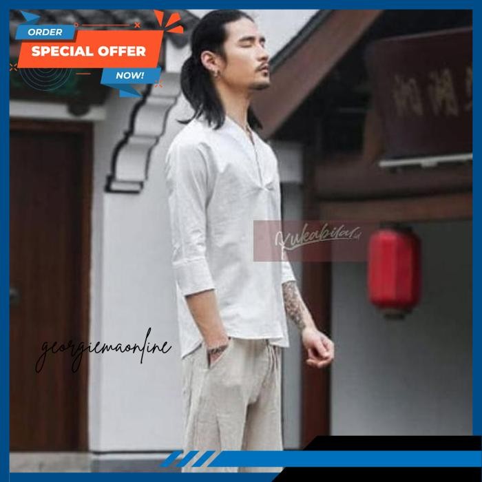 BAJU KOKO VNECK PUTIH BY GEORGIRMA ONLINE BAHAN BERKELAS