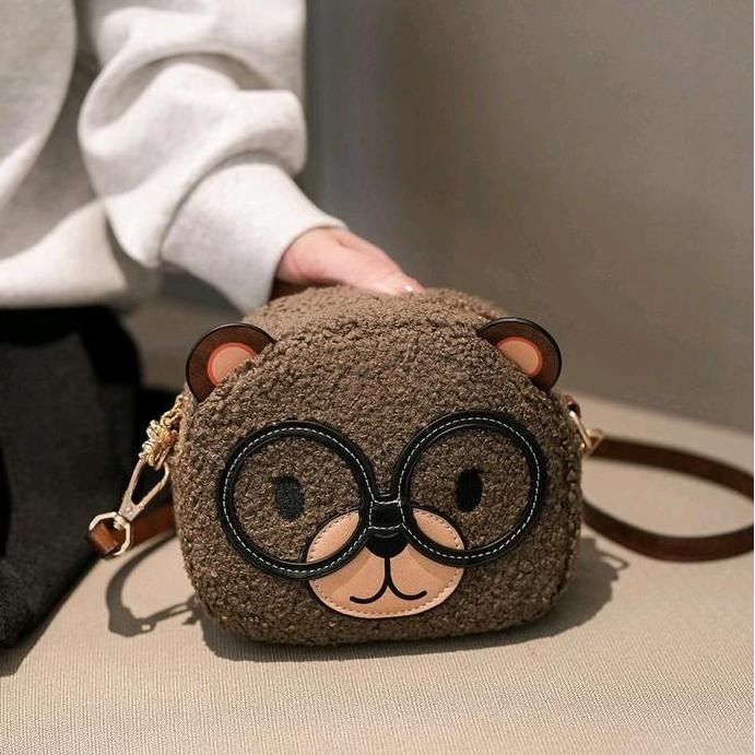 8385 New Tas slempang bulu / Tas cantik kepala bear / Tas beibaobao
