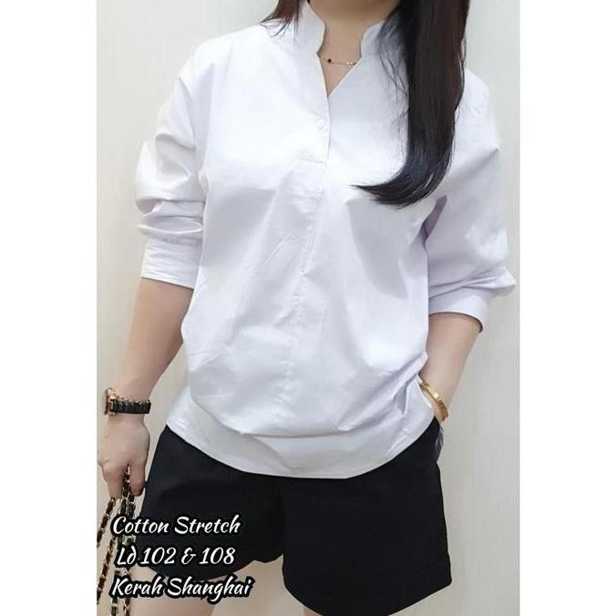 Top Korea Blouse Wanita Atasan Kemeja Putih Baju Katun Stretch baju atasan wanita - kemeja putih