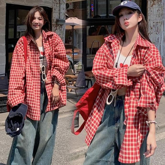 #RapikiStore Kemeja Outer Kotak-Kotak Allsize Merah Retro kemeja Kerah POLO Lengan Panjang Awal Musi