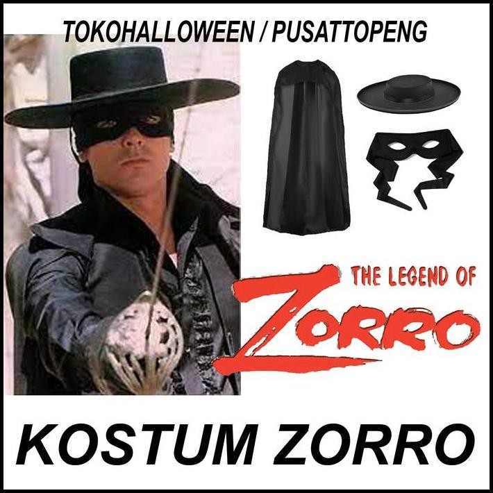 KOSTUM ZORRO SATU SET JUBAH TOPI TOPENG