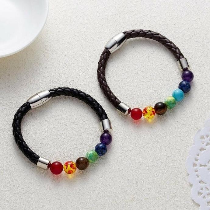 New Collection - Gelang Pria Kulit Asli Batu 7 Chakra Klip Magnet Men Bracelet Ori G317