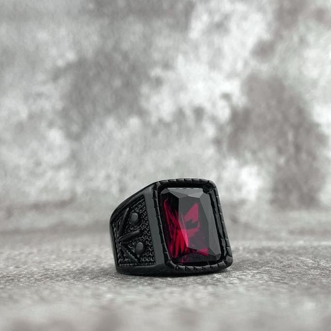 New - Cincin Batu Hitam Titanium Pria Cincin Batu Merah Ruby Onyx Ori C60