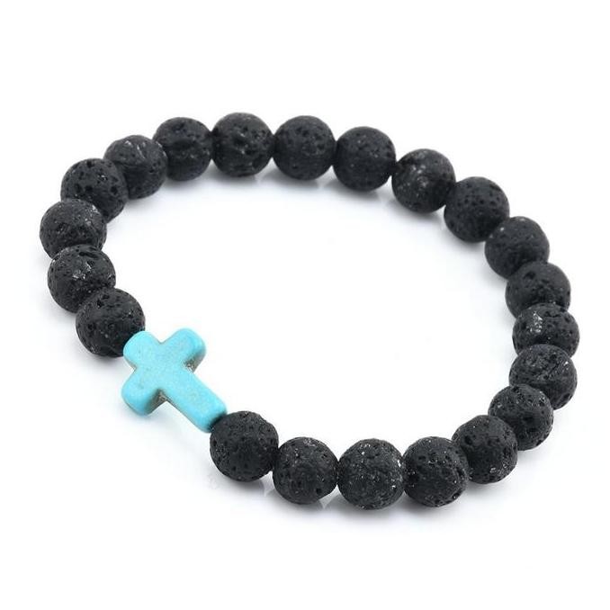 Promo - Gelang Batu Lava Stone Turquoise Cross Pria Wanita Salib Premium G296