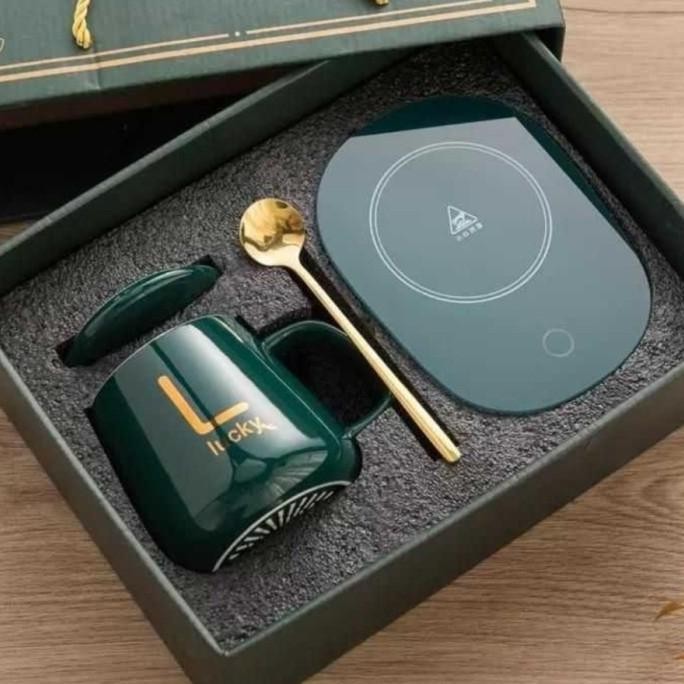 READY SET GELAS KERAMIK ESTETIK + PEMANAS KOPI & TEH - SOUVENIR ULTAH UNIK