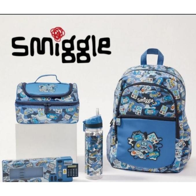 Smiggle Away Game Blue Backpack, Lunch Bag, Pencil Case Set/Kado/Ori