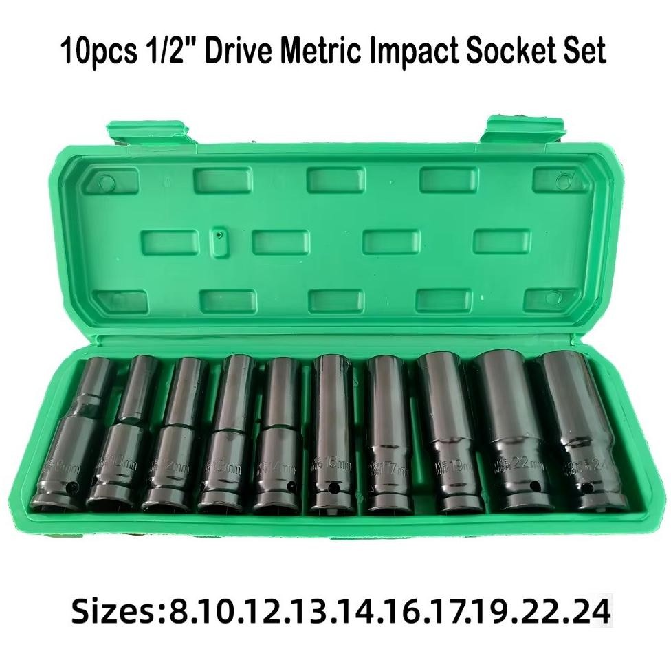 TEKIRO 10Pcs Mata Socket 1/2 8-24mm Impact Socket/Kunci shock Impact socket set/Impact sock impact w