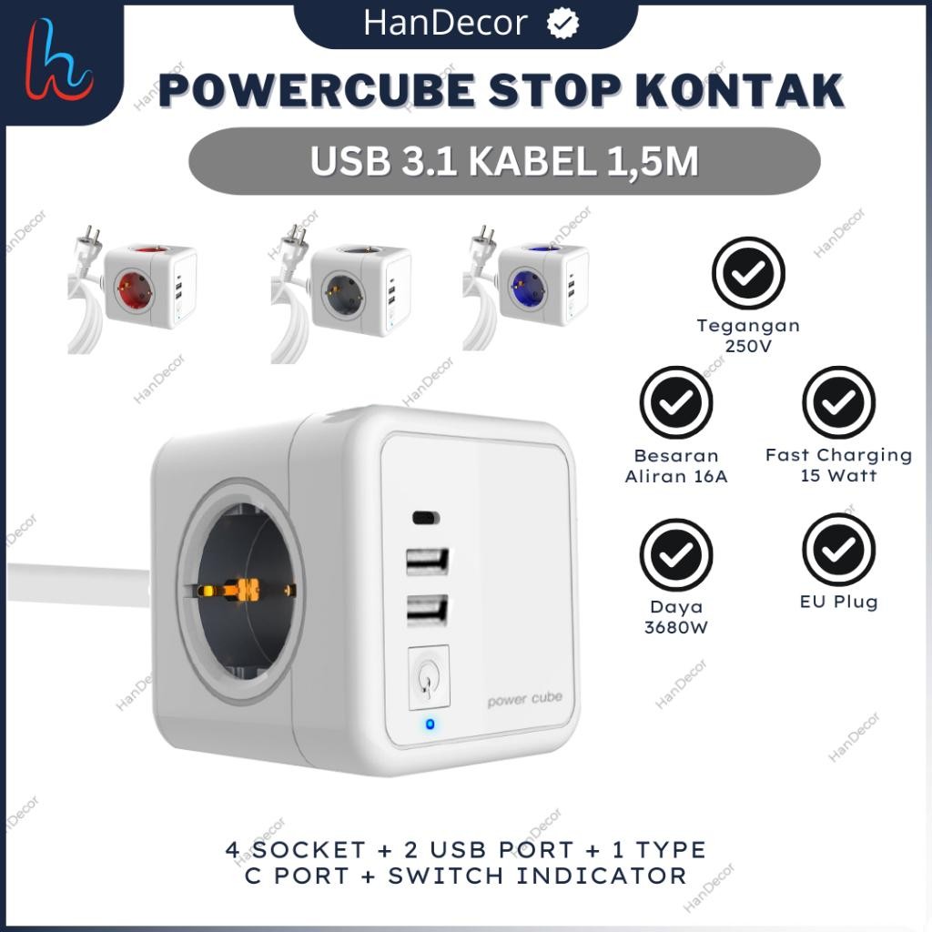 Powercube Stop Kontak Extended USB Fast Charging 4 Socket 3.1 | Stop kontak colokan listrik kubus Ty