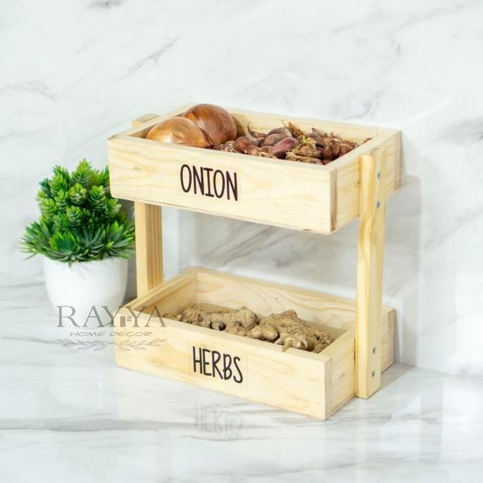 Stok Sj Rak Bawang Kayu Serbaguna Susun / Rak Bawang Kayu Free Sticker