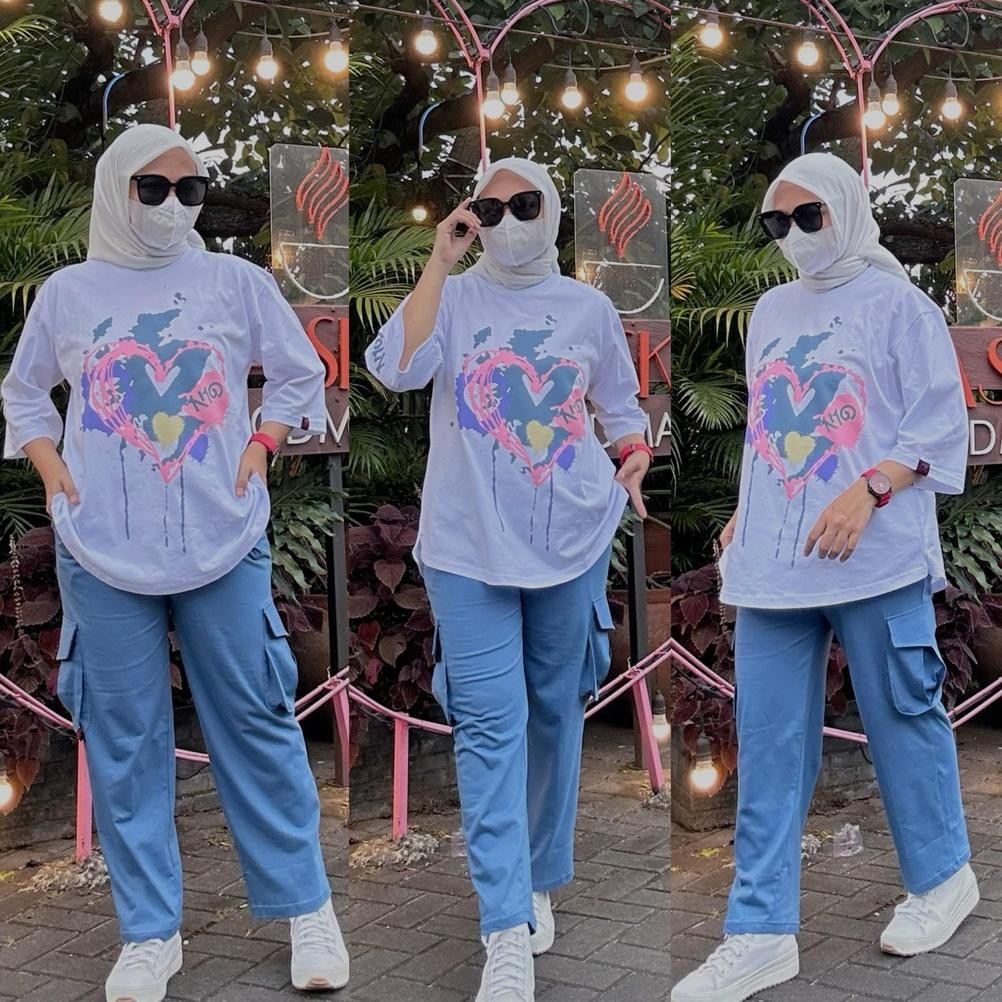 Set Cargo Printing Setelan Baju Wanita Celana Cargo Pure Cotton