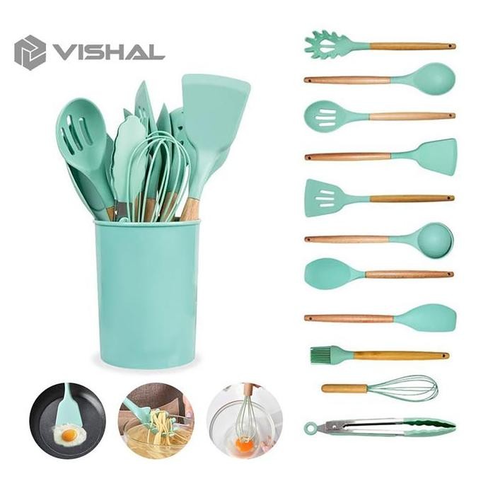 VISHAL Silikon Spatula Silicone Sodet Alat Masak Set 12pcs Spatula Steak Clip Set Oil Brush Kitchen