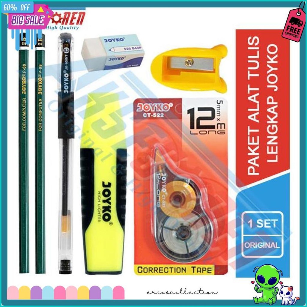 

Perlengkapan Paket Alat Tulis Ujian Sekolah Lengkap Joyko [Pulpen Gel + Pensil 2B + Rautan Pensil Karekter + Penghapus Putih + Tipe X Kertas + Highlighter ] / Alat Tulis Sekolah Lengkap / Alat Tulis 1 Set Lengkap / Alat Sekolah Lengkap 1 Paket Murah