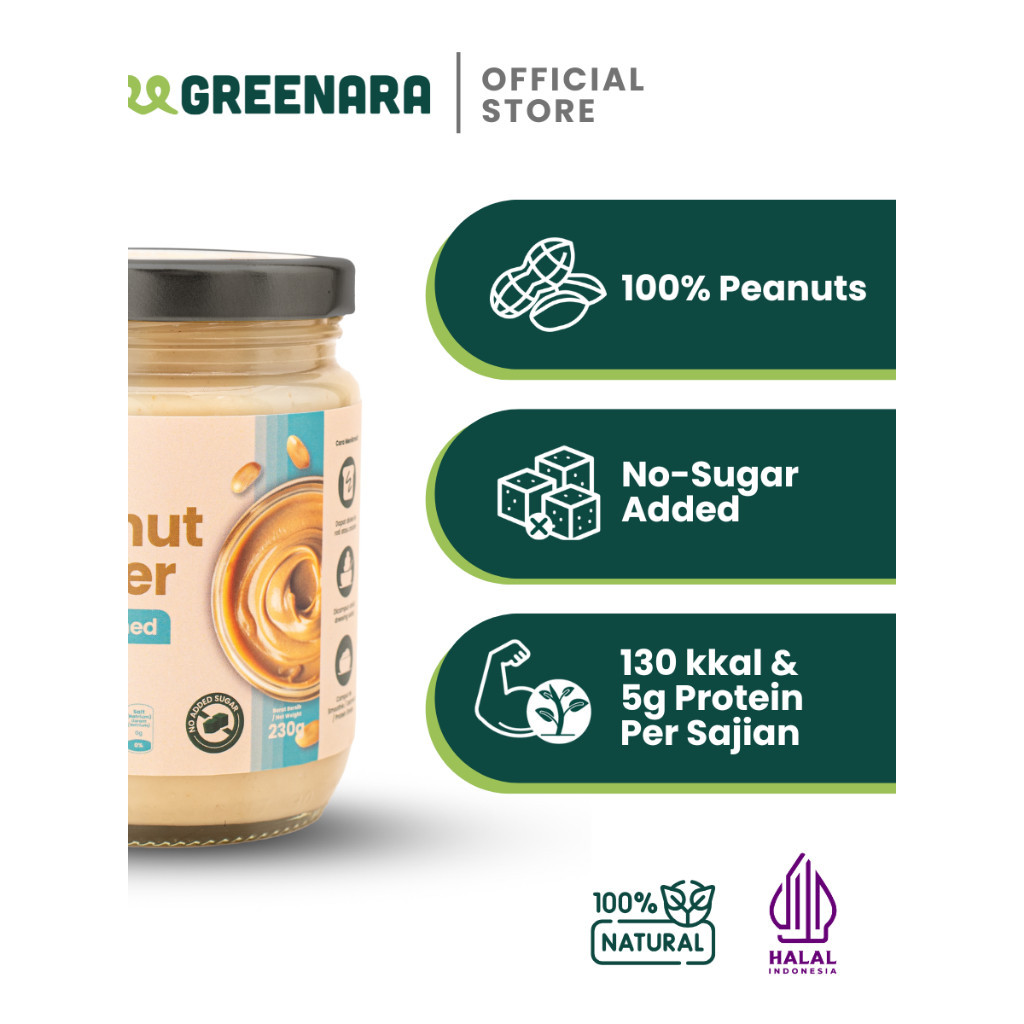 

New Greenara Natural Unsweetened Peanut Butter 230gr Low Calorie (112cal/serv) / Selai Kacang Tanpa Gula Terlaris