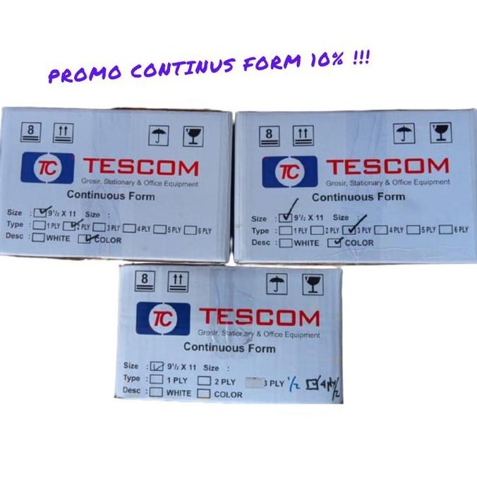 

BEBAS ONGKIR - HARGA PROMO CONTINOUS FORM MERK TESCOM 9 1/2 X 11 2PLY - 4PLY PERBOX