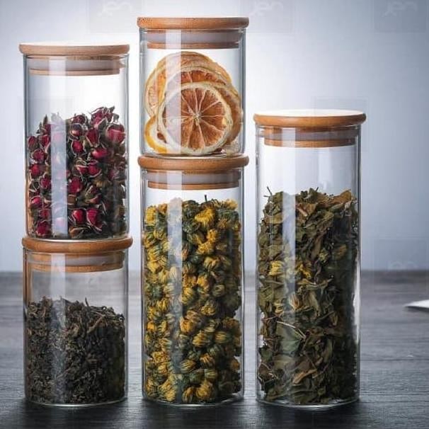 toples makanan ringan tutup kayu bambu / toples bumbu tutup kayu