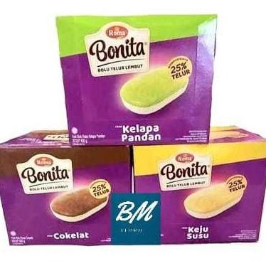 

Roma Bonita Bolu Telur 1 Box isi 12 Pcs Cokelat Keju Susu Kelapa Pandan Nugi
