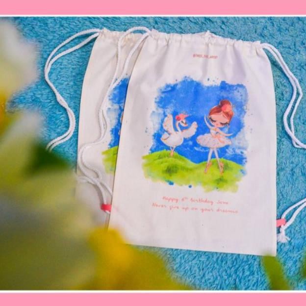 

Tas ransel custom serut belacu / tas ulang tahun desain suka-suka / goodie bag ultah custom ukuran 35x40 Nugi