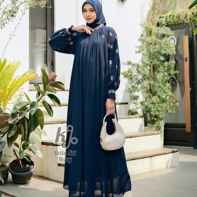 Khadijah Mode - Delia Set Gamis Hijab Ceruty Pakaian Wanita Busana Muslim Elegan Mewah Dress Dewasa 