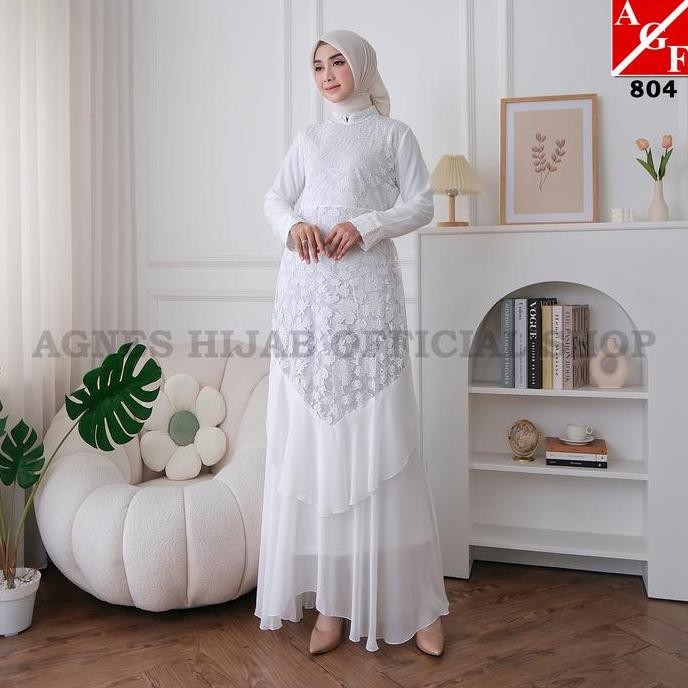 Agnes Hijab - Alisha Dress Gamis Lebaran 2025 Idul Fitri Putih Premium Aesthetic Wanita Dewasa Remaj