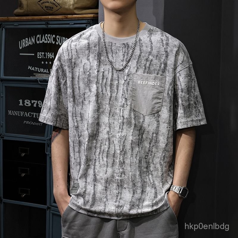 Men's New American Retro Loose Dyed Printed Short Sleeve T Shirt Top