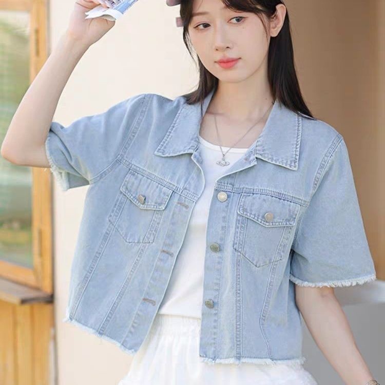 Women's Korean Style Denim Short Sleeve Jacket Polo Short Denim Cardigan Top