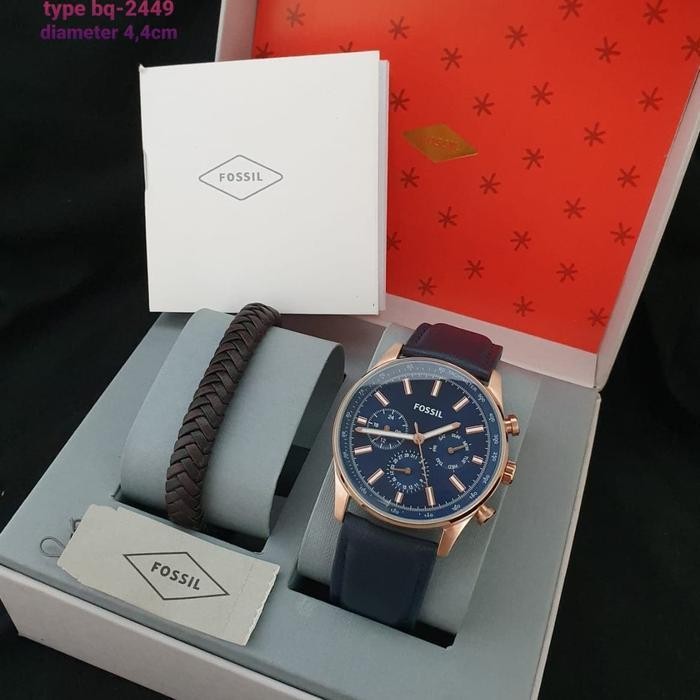 Jam Tangan Pria Merk Fossil Bq2449 & Bq 2449 Kulit Fullset Gelang 44Mm