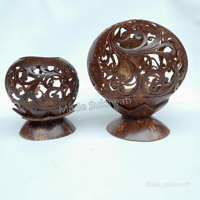 Kualitas terbaik] Kerajinan Hiasan Batok kelapa ukir wadah tempat lampu lilin handmade dekorasi bali